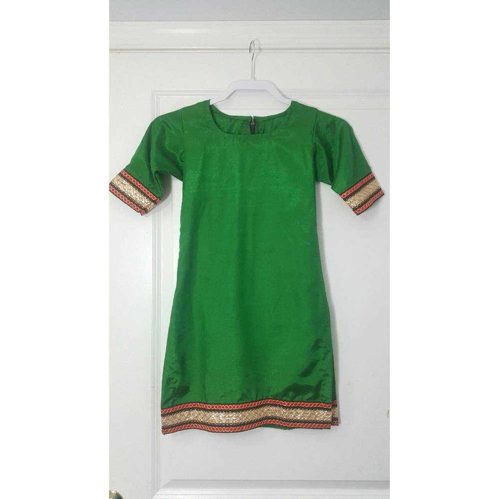 Girls Kurta Ethnic Green Dress With Gold Trimming